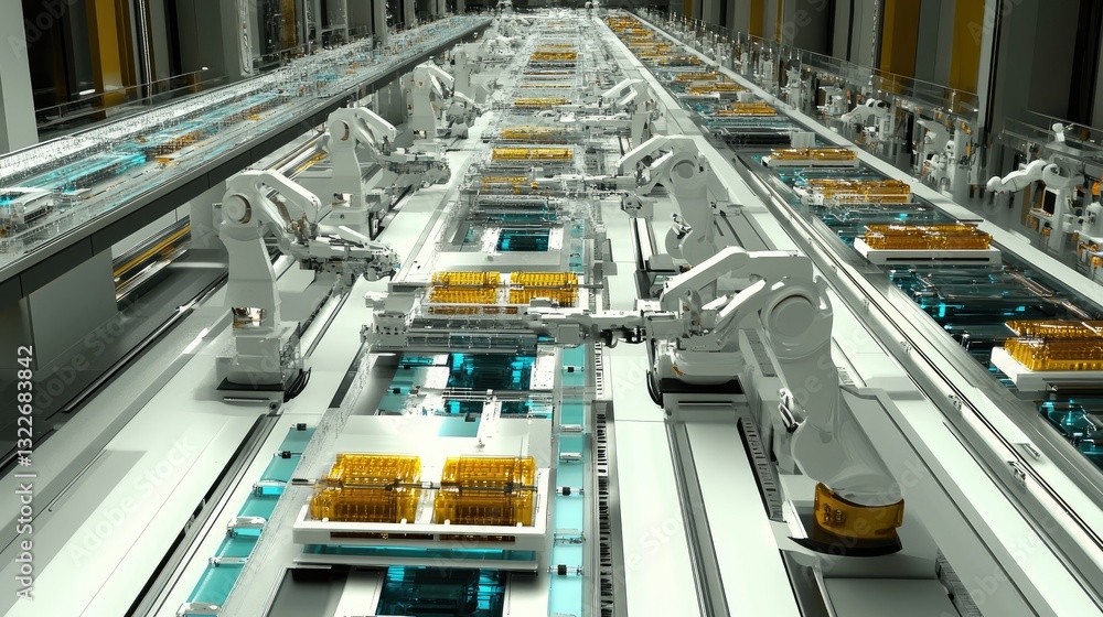 Poster a high-tech automated assembly line with robotic arms assembling precision-engineered products in a 