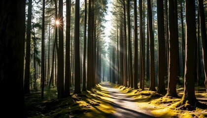 Obraz premium Sunlit Forest Path Through Tall Trees with Bright Sunlight and Mossy Ground