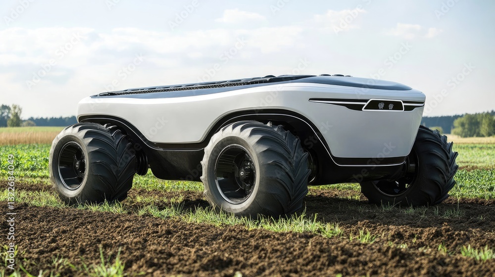 Poster a high-tech concept of an ai-powered farming robot using real-time soil and weather data to optimize