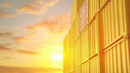 Breathtaking sunset behind a stacked container highlighting the industrial beauty of freight transport at dusk