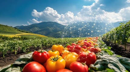 A high-tech food supply chain system tracking produce from farm to market using blockchain technology.