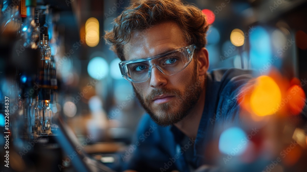 Poster A scientist carefully observes quantum experiments involving qubits, focusing on superposition and entanglement in a modern lab filled with advanced equipment.