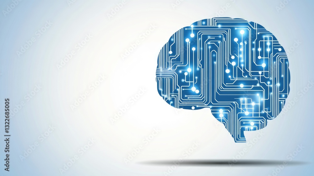 Poster a high-tech symbol of a circuit-based human brain, glowing in a futuristic environment, symbolizing 