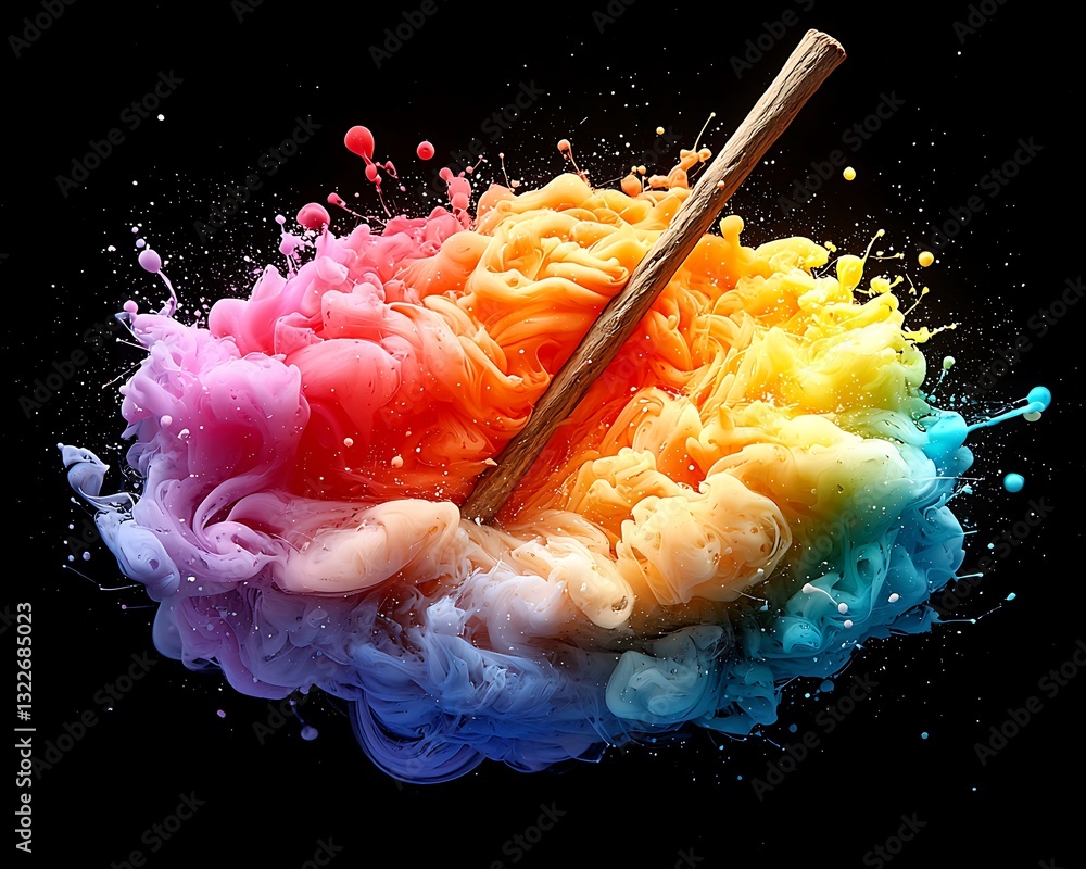 Poster colorful exploding paint with stick set against a black background