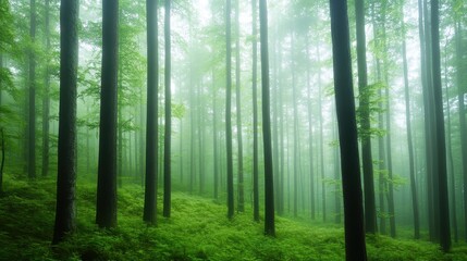 Obraz premium Ethereal forest scene with tall trees shrouded in mystical fog creating a dreamy and enigmatic ambiance in nature