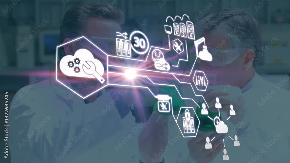 Poster analyzing data, scientists using futuristic animation technology interface in lab