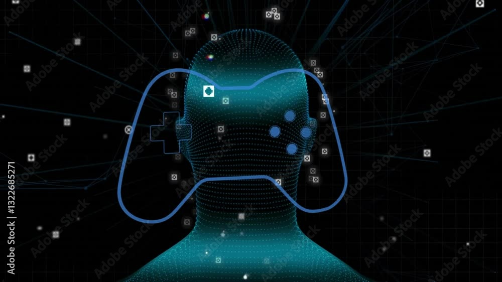 Poster animation of human silhouette with gaming controller and data points in school