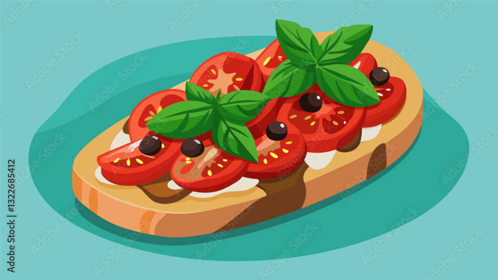 Poster homemade bruschetta with diced tomatoes fresh basil and a drizzle of balsamic glaze.. vector illustr