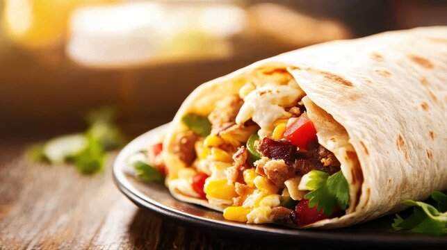 Savory breakfast burrito artfully plated at a modern brunch spot for a delicious start to the day's culinary adventure