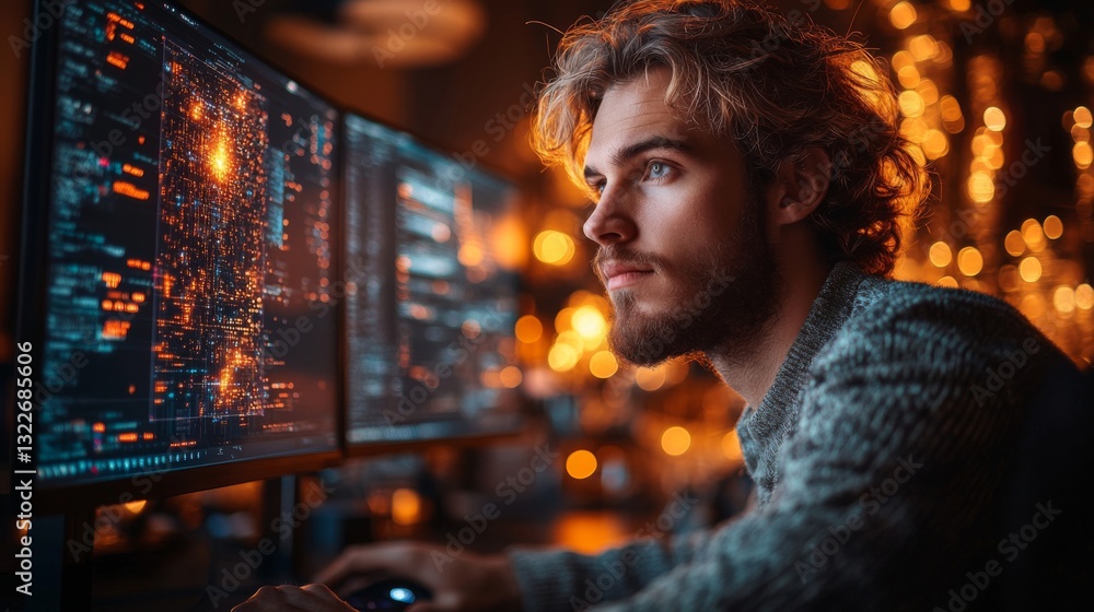 Poster A person engages with advanced quantum computing concepts on dual monitors in a dimly lit room.