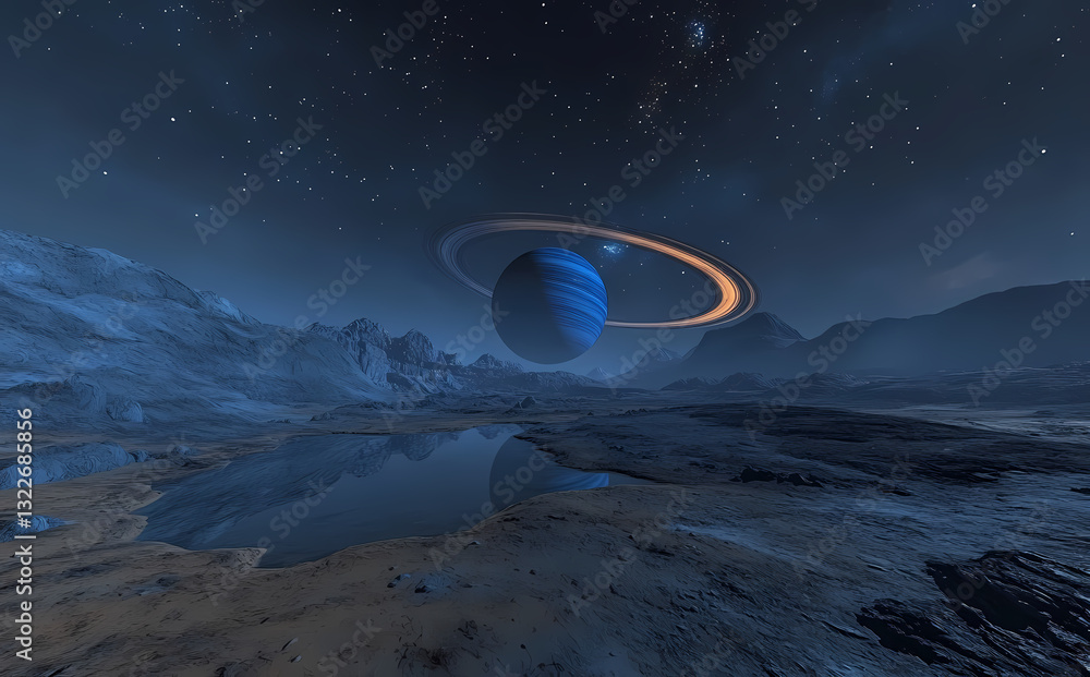 Poster cosmic serenity: an enchanting celestial scene, featuring a mesmerizing planet adorned with radiant 