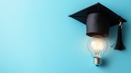 A minimalist composition of a black graduation cap and an illuminated light bulb on a blue background, representing academic achievement and bright ideas.