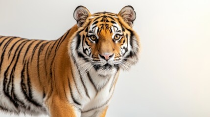 Fototapeta premium A majestic tiger with piercing eyes is depicted standing alert against a clean white studio background, exuding a sense of power and intensity.