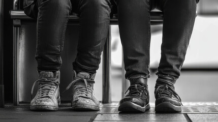 A finely detailed street photography shot of two people at a bus stop, one tying their shoelaces while the other checks their phone. The image captures their lower half, focusing on the contrast bet