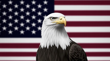 Naklejka premium Majestic bald eagle in front of the American flag, symbolizing freedom and strength