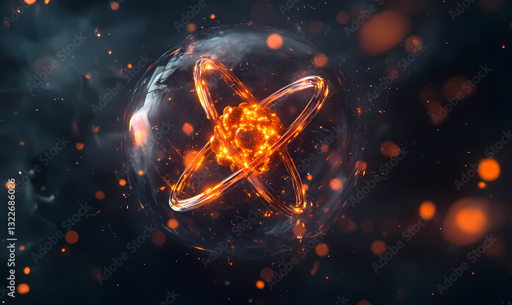 Poster celestial ignition: a mesmerizing depiction of atomic energy, with glowing particles and a dynamic d