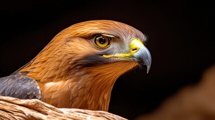 Naklejka premium The face profile of a Black Kite features a hooked bill, sharp yellow eyes, and a distinctive dark stripe running from its eyes down to its beak
