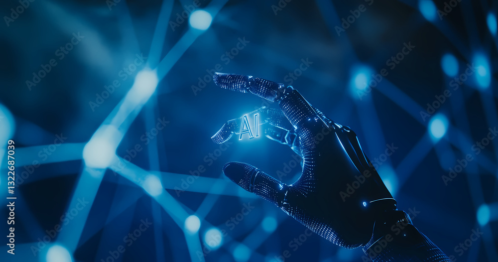 Poster artificial intelligence in hands: the scene merges technology and humanity, depicting a robotic hand