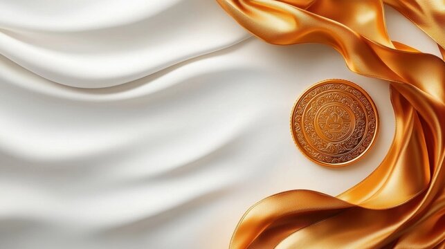 A luxurious emblem featuring a golden seal with intricate gold ribbons, isolated on a pristine white background, creating a prestigious award certificate design.