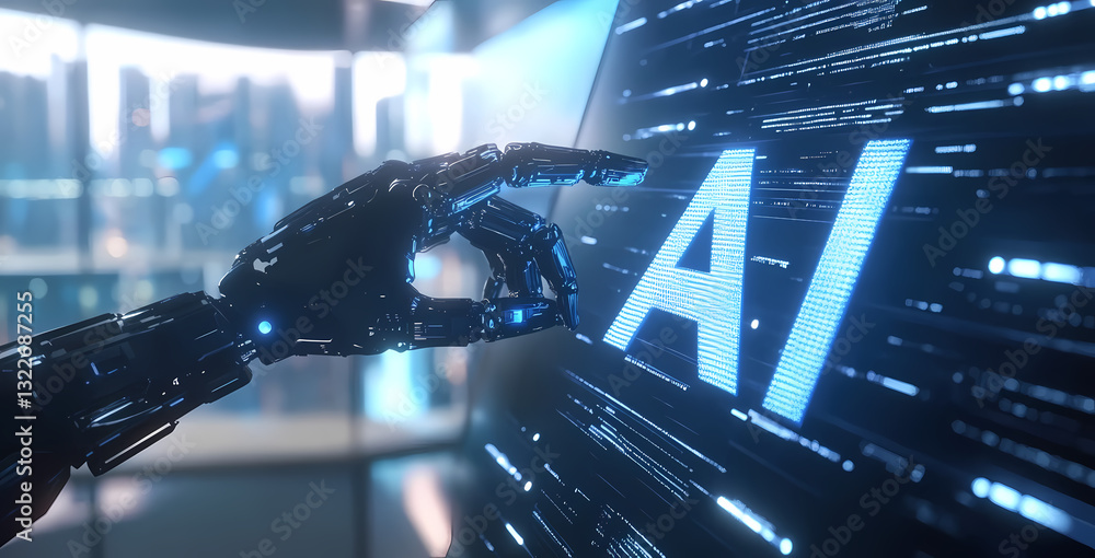 Aufkleber ai's touch: a robotic hand interacts with a digital interface displaying 