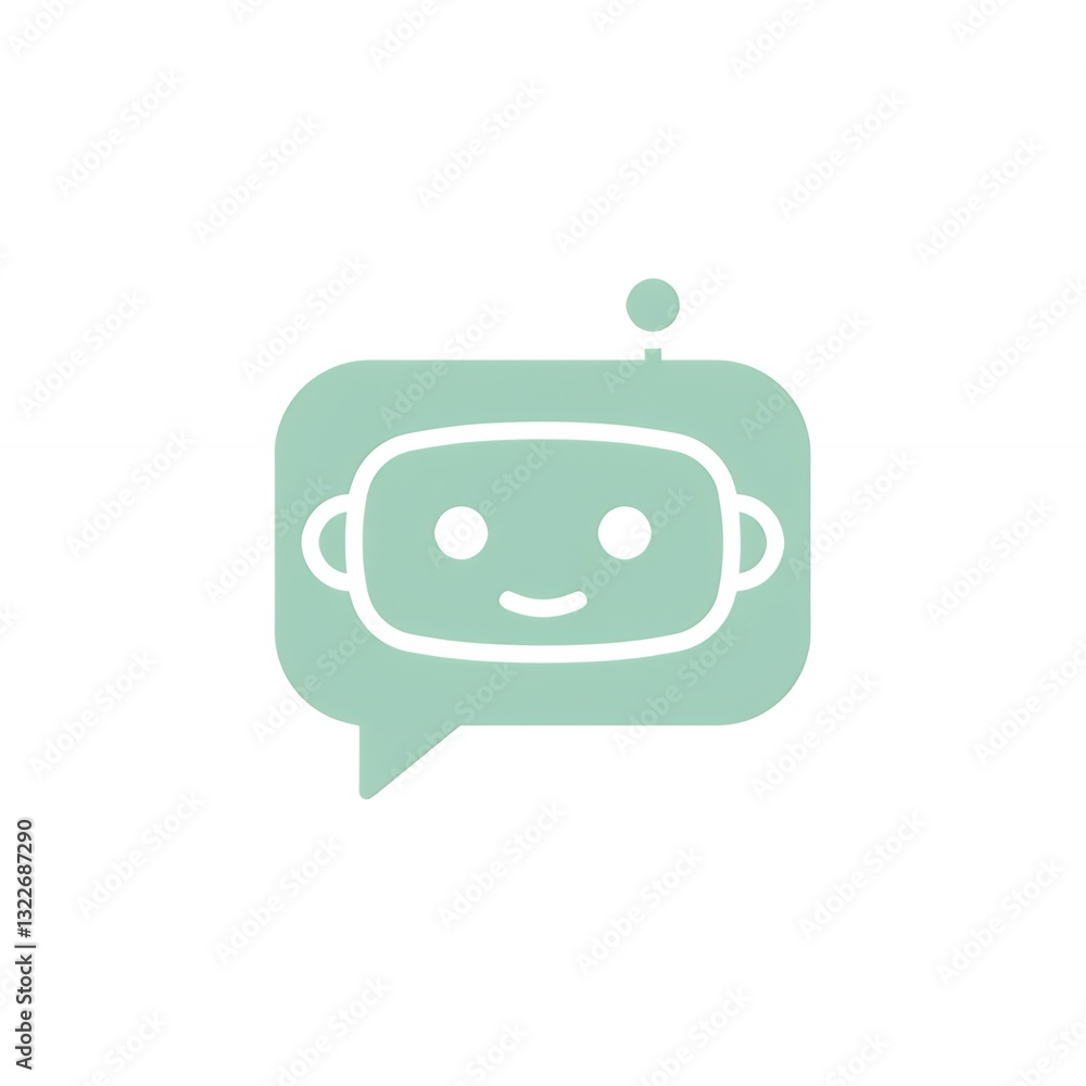 Poster robot head inside chat bubble smiling on white background design