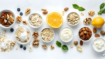 Healthy breakfast ingredients isolated on white background