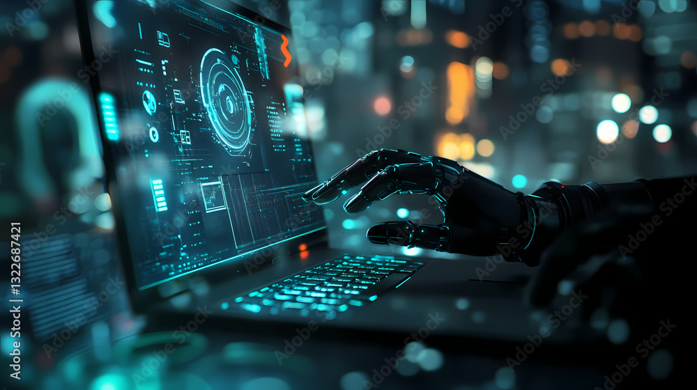 Poster digital touch: a robotic hand interacts with an advanced technological interface, illuminated by neo