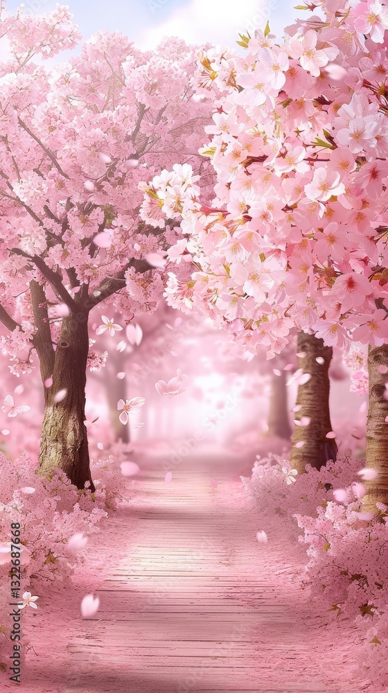 Poster a pink and white image of a path through a forest of cherry trees