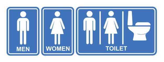 Toilet signages icon clipart set. Men and women restroom clip art sign in blue signboard collection for public and private pictogram vector illustration. 
