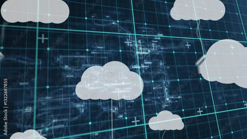 Poster animation of cloud computing icons with digital connections on blue grid background