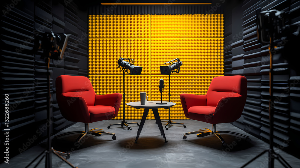 Poster studio setup: featuring two red armchairs facing each other, lit up by studio lights and equipment. 