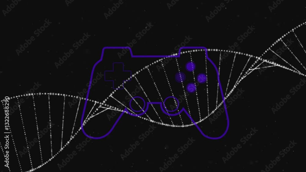 Poster dna strand intertwining with game controller outline on black background animation