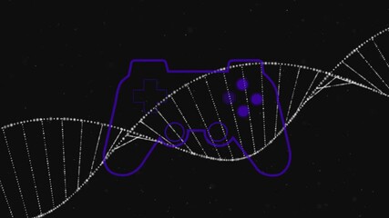 DNA strand intertwining with game controller outline on black background animation - Powered by Adobe