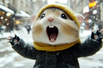 Fototapeta premium Mirthful animals. Happy cute baby animal hamster in winter warm clothes, winter breath from nose and mouth in icy wind. Zoo animal support. Wildlife rescue ads. Wild animal rescue ads.