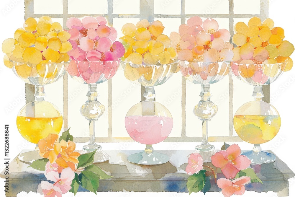 Poster a window sill with five vases of different sizes and colors