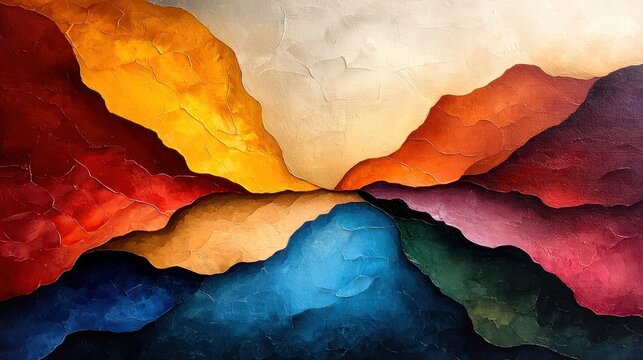 The painting features a vibrant, textured composition created with bold brushstrokes and palette knife techniques, showcasing a dynamic interplay of colors and shapes on a large canvas space.