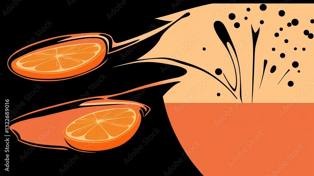 Poster vibrant illustration of orange slices splashing into a bowl of juice with dynamic background