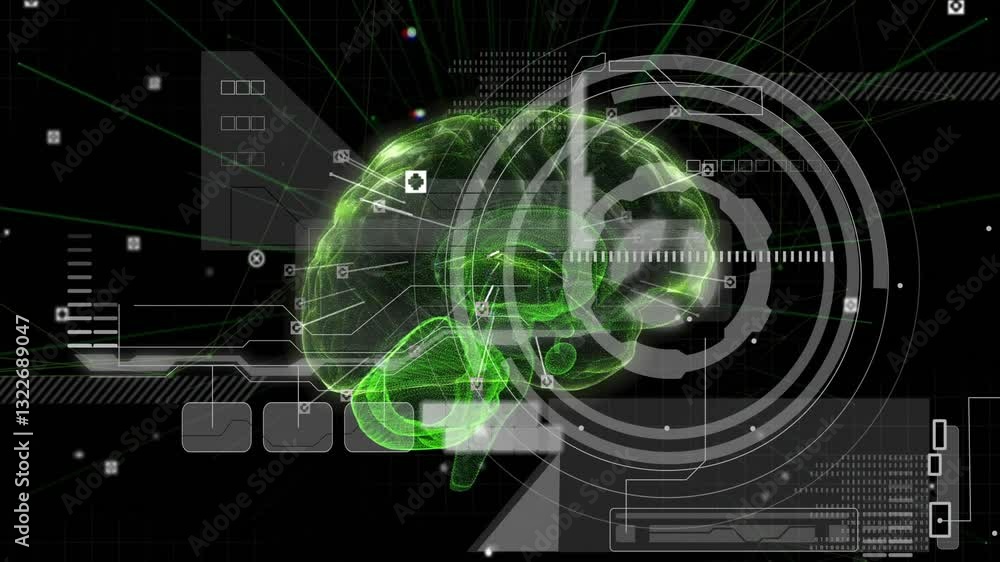 Poster animation of digital brain interface with green holographic elements in school setting