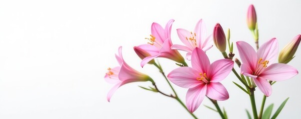 Naklejka premium Elegant freesia sprigs, showcasing open blooms and closed buds against pure white , buds, photography