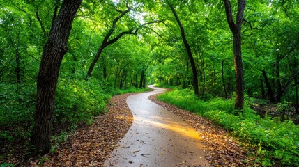 The image captures a winding path cutting through a dense forest of towering trees, their branches reaching out to create a natural canopy overhead