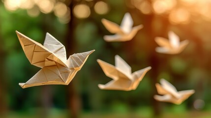 A flock of intricately folded white origami birds soar gracefully in the air, seen from above in a mesmerizing display of artistry and precision.