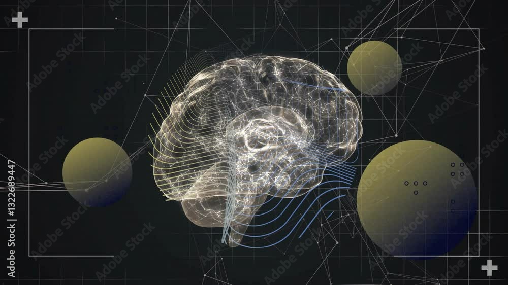 Poster digital animation of brain with geometric shapes and lines on dark background