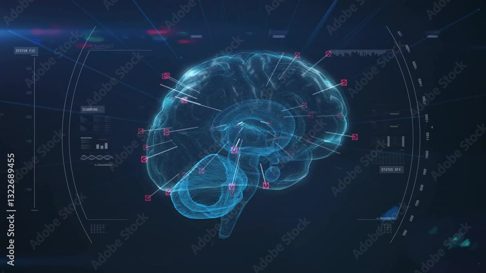 Poster animation of digital brain with data points in futuristic interface design