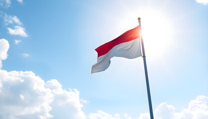 An illustration of the Indonesian flag waving proudly on a tall pole against a bright sky with the sun shining, symbolizing the spirit of independence and nationalism