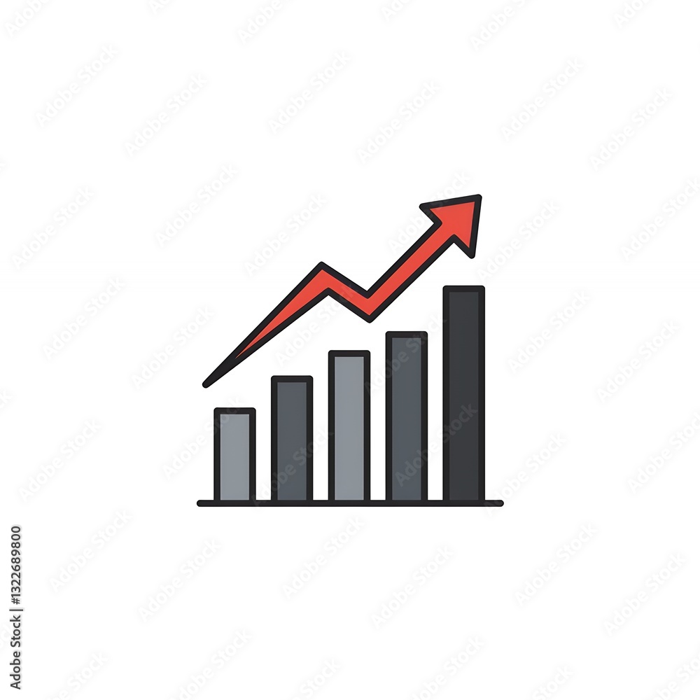 Poster rising bar graph with red arrow showing growth and progress