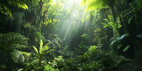 lush tropical rainforest with tall trees and vibrant greenery
