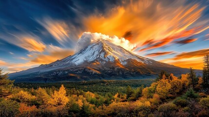 The towering mountain peak stood in majestic splendor, bathed in the warm glow of the setting sun as vibrant clouds streaked across the sky