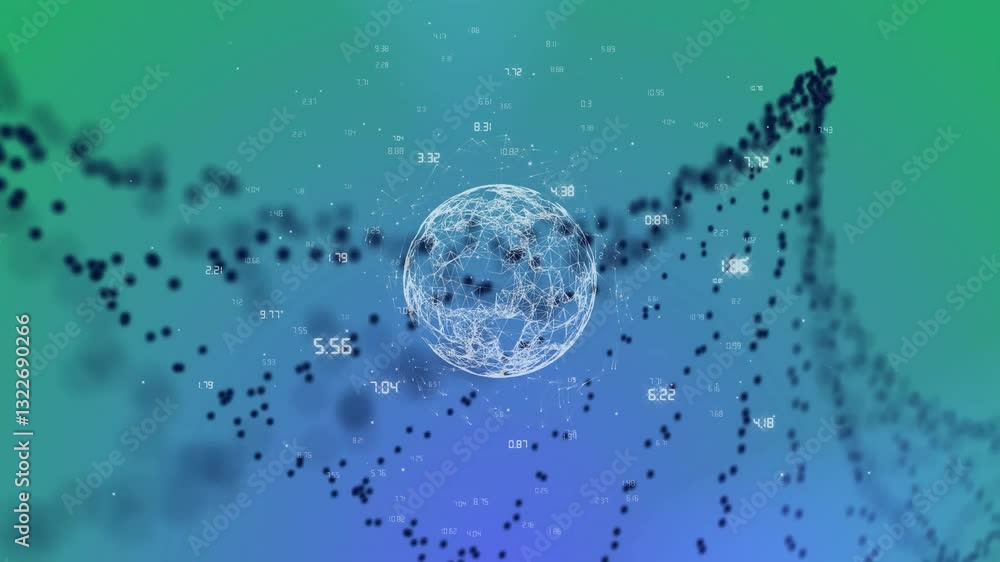 Poster digital animation of globe with lines and numbers on blue-green gradient background