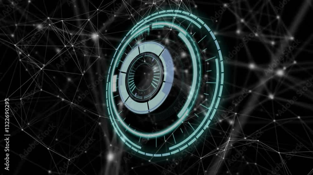 Poster animation of glowing circular elements over network connections in futuristic interface