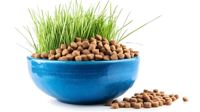 Cat Food and Cat Grass in Blue Bowl isolated on white background
